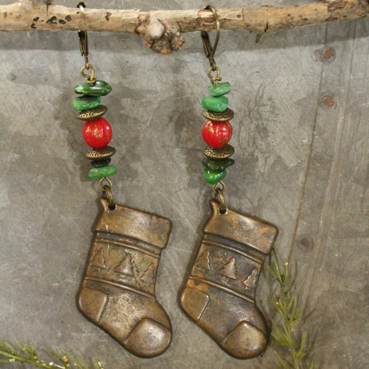 Antique Brass Stocking Dangle Earrings