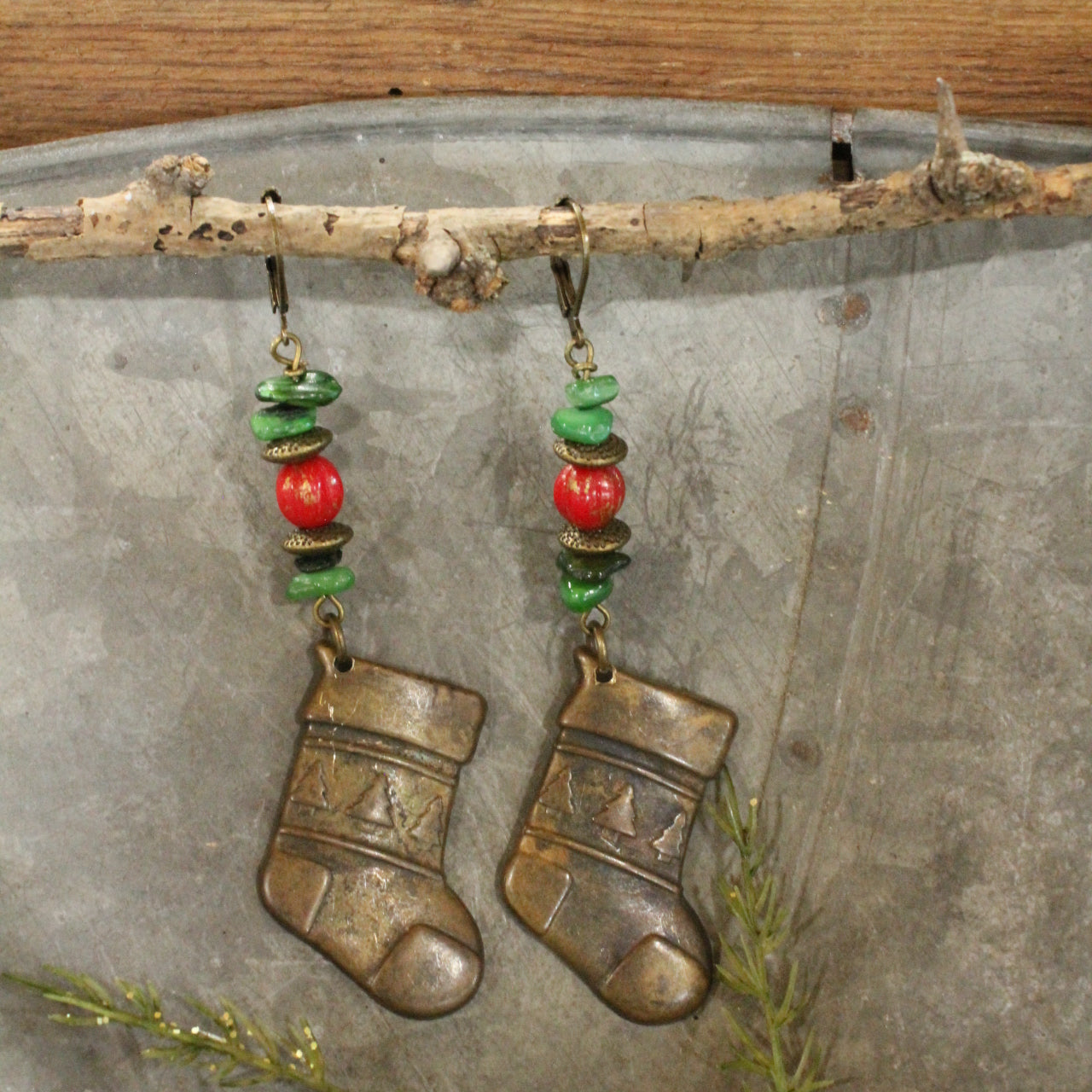 Antique Brass Stocking Dangle Earrings