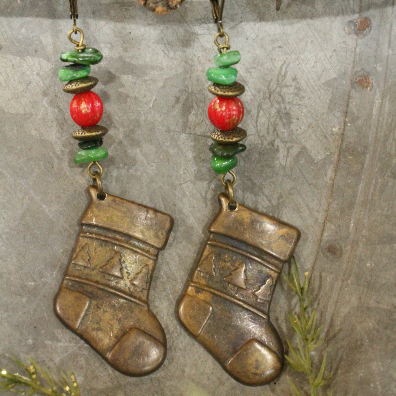 Antique Brass Stocking Dangle Earrings