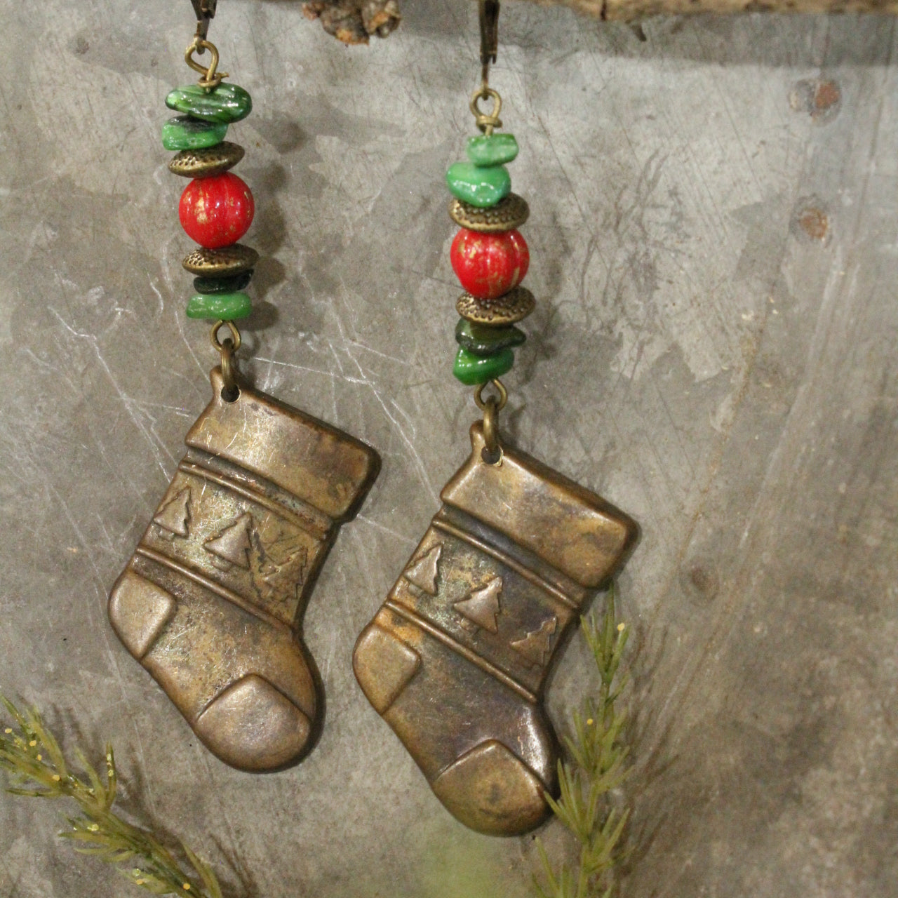 Antique Brass Stocking Dangle Earrings