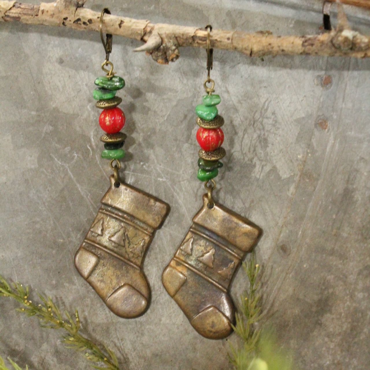 Antique Brass Stocking Dangle Earrings