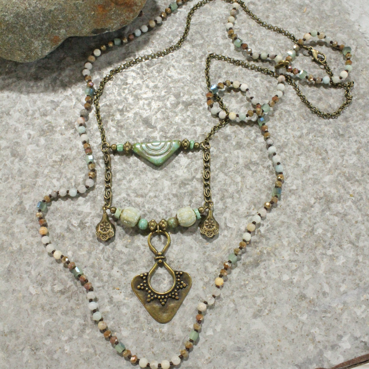 Czech Glass Layered Vintage Bronze Drop Ethnic Pendant Necklace