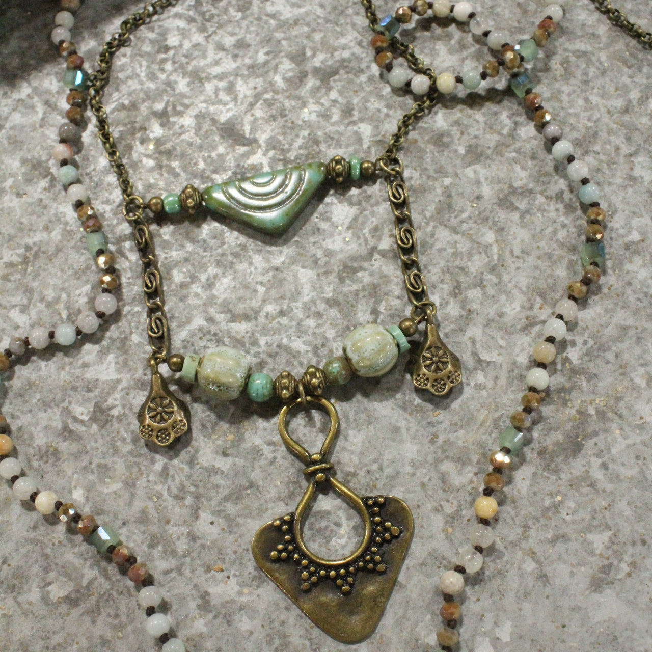 Czech Glass Layered Vintage Bronze Drop Ethnic Pendant Necklace