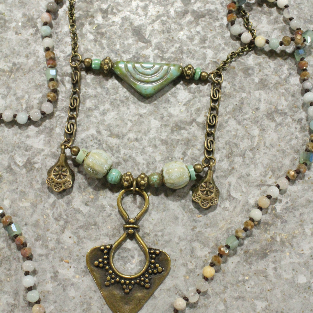 Czech Glass Layered Vintage Bronze Drop Ethnic Pendant Necklace