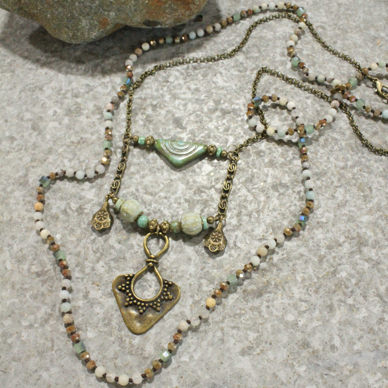 Czech Glass Layered Vintage Bronze Drop Ethnic Pendant Necklace