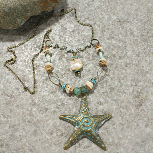 Vintage Patina Star & Shell Layered Necklace