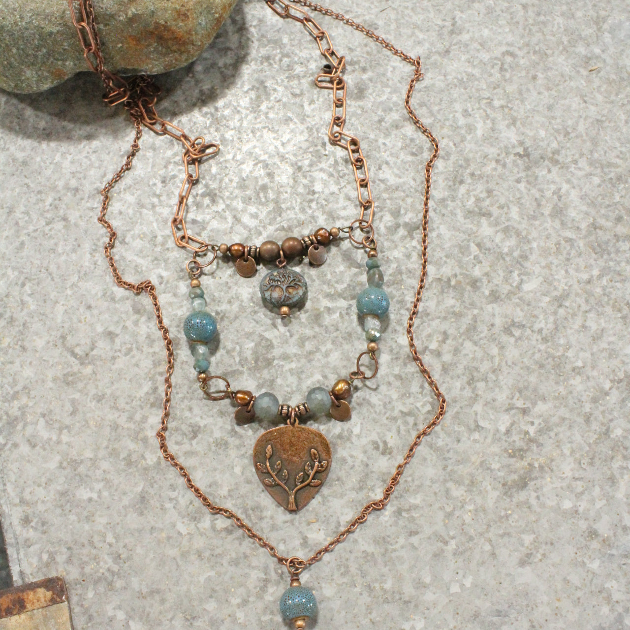 Vintage Czech Glass Layered Copper Drop Pendant Necklace