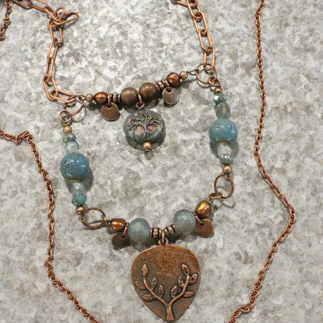 Vintage Czech Glass Layered Copper Drop Pendant Necklace