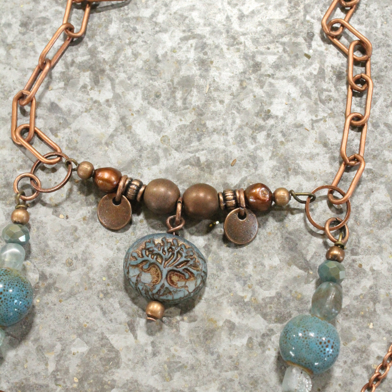 Vintage Czech Glass Layered Copper Drop Pendant Necklace