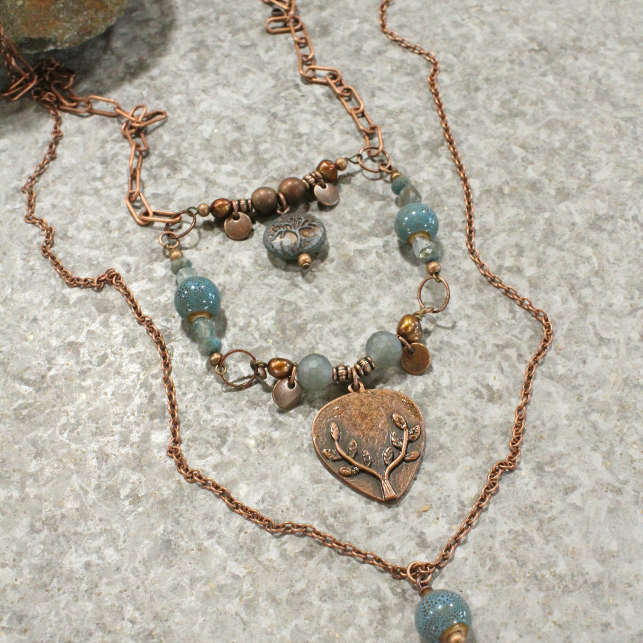 Vintage Czech Glass Layered Copper Drop Pendant Necklace