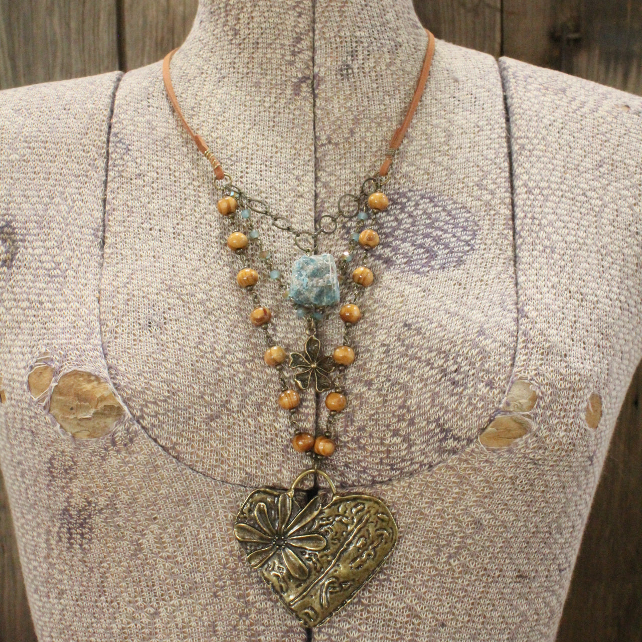 Verdigris Leather Heart Layered Navy Necklace