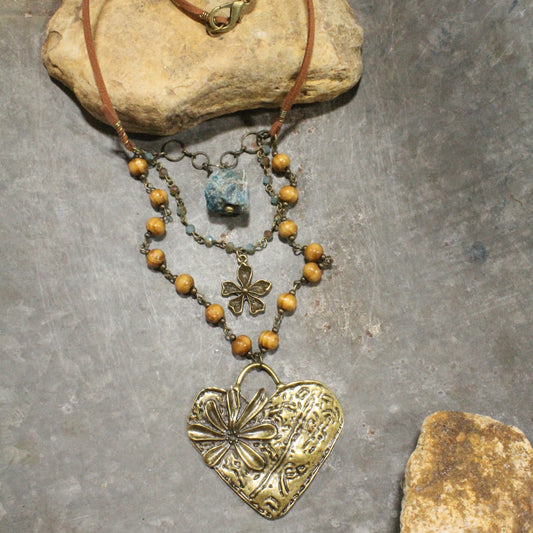 Verdigris Leather Heart Layered Navy Necklace