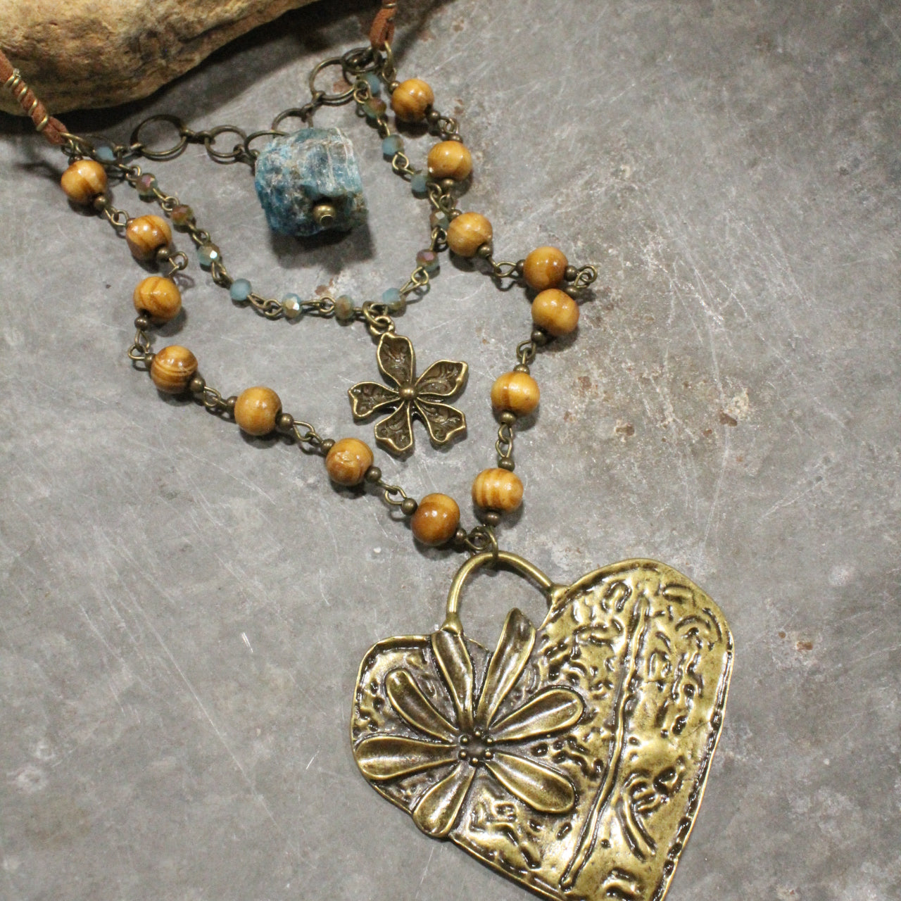 Verdigris Leather Heart Layered Navy Necklace