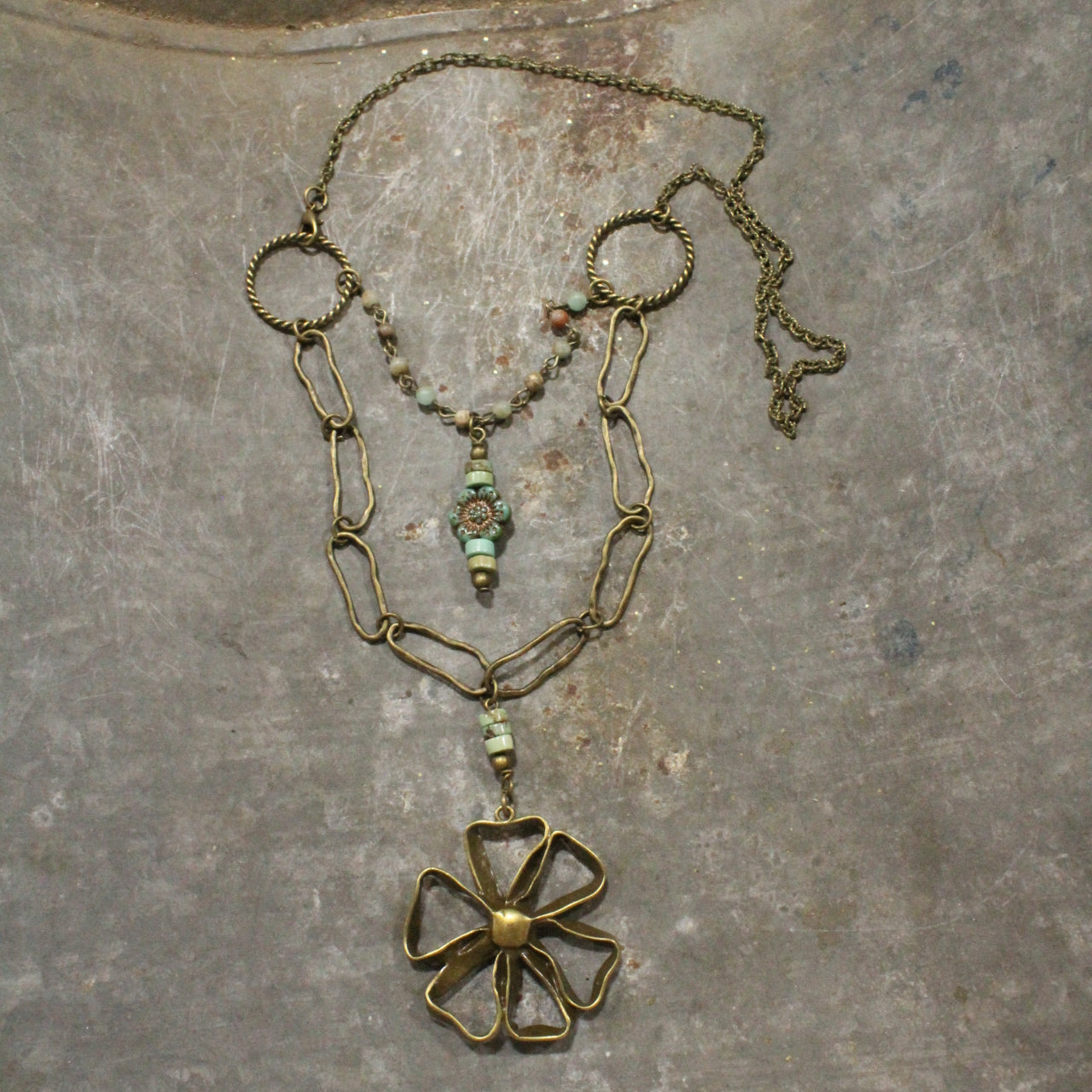 Czech Glass Layered Vintage Bronze Drop Flower Pendant Necklace