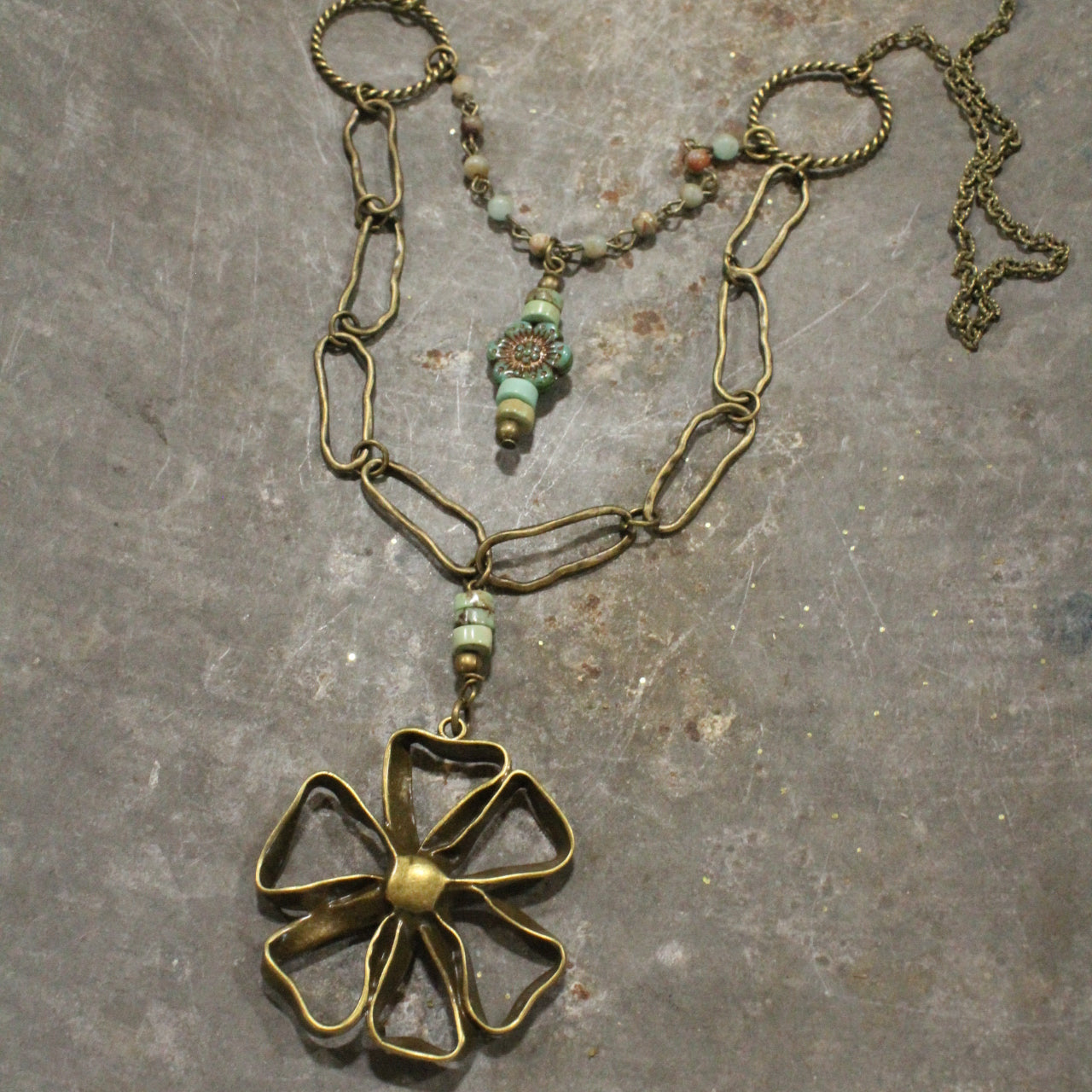 Czech Glass Layered Vintage Bronze Drop Flower Pendant Necklace