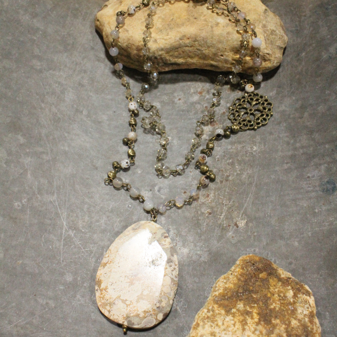 Bohemian Layered Ancient Stone Drop Necklace