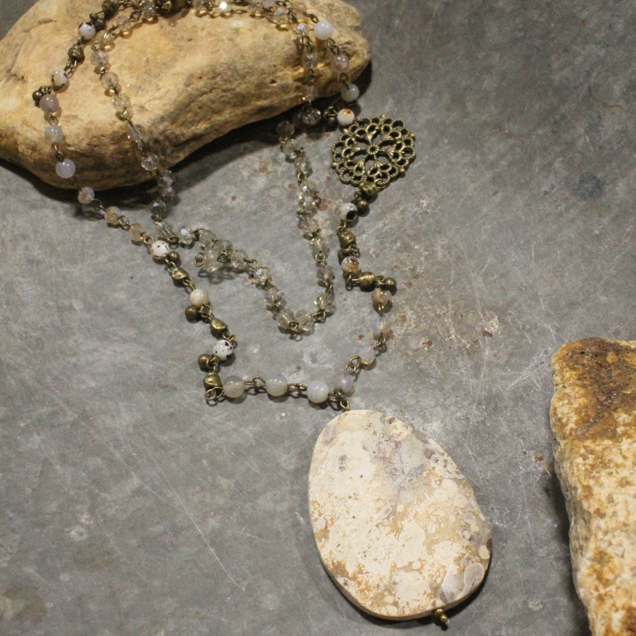 Bohemian Layered Ancient Stone Drop Necklace