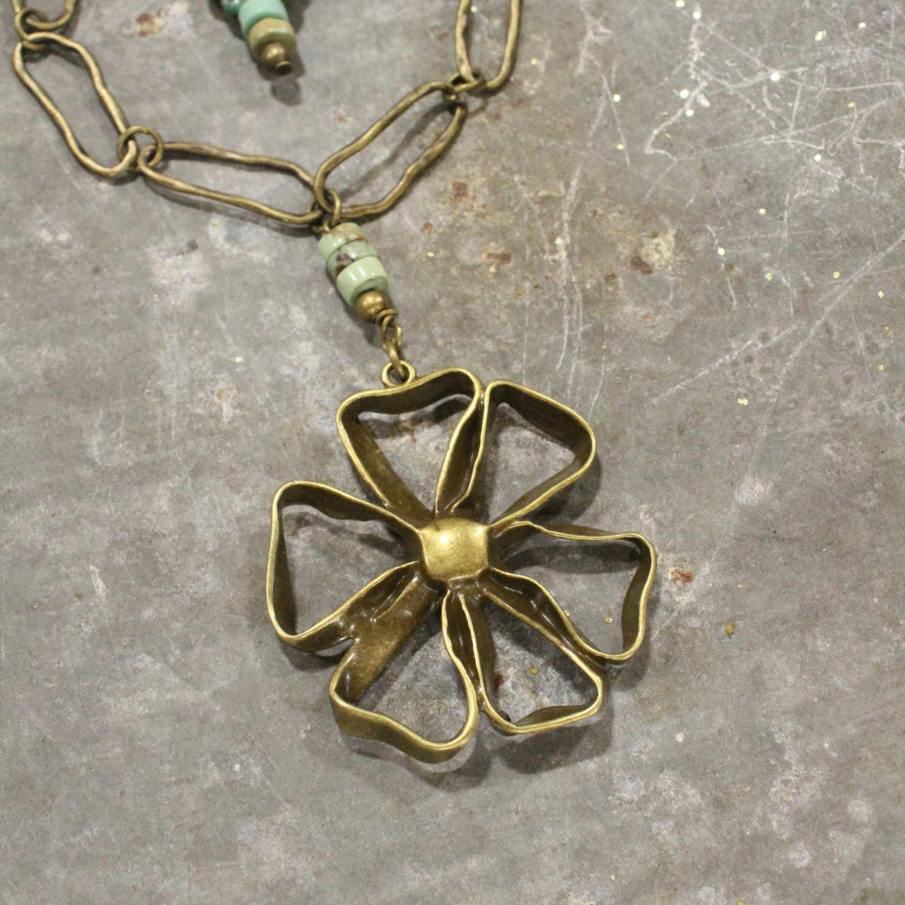 Czech Glass Layered Vintage Bronze Drop Flower Pendant Necklace