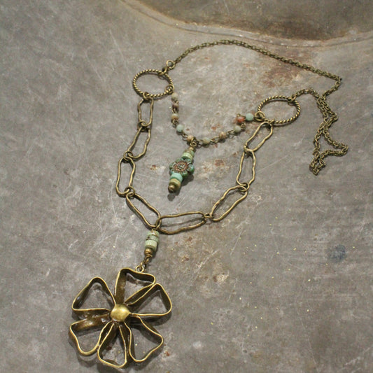 Czech Glass Layered Vintage Bronze Drop Flower Pendant Necklace