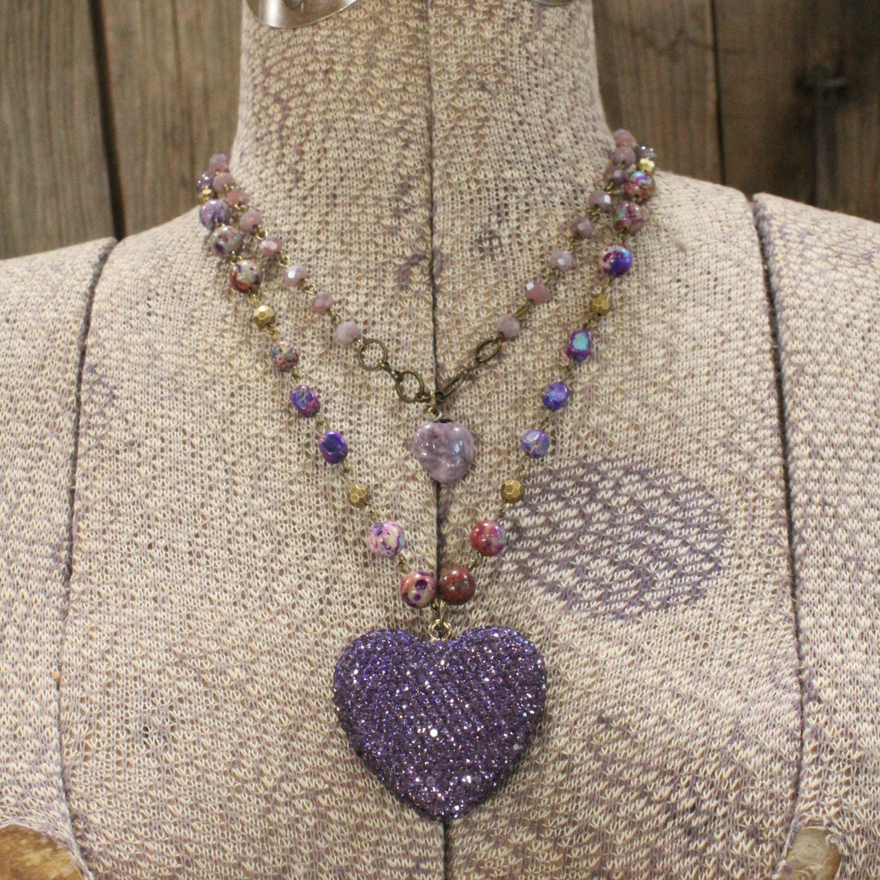 Bohemian Layered Purple Heart & Stone Drop Necklace