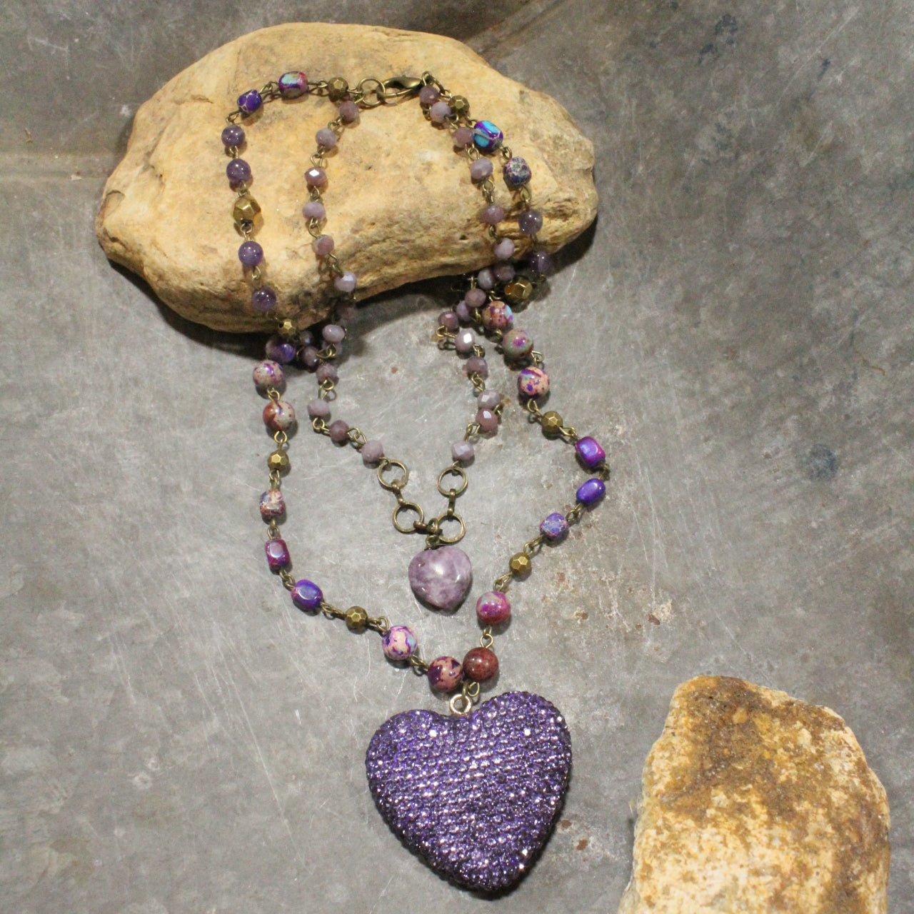 Bohemian Layered Purple Heart & Stone Drop Necklace
