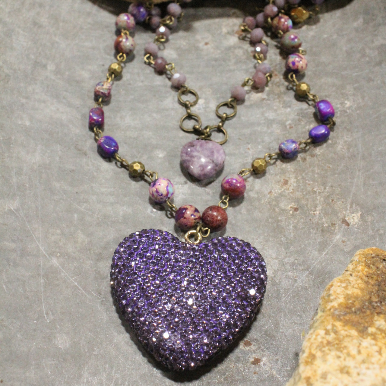 Bohemian Layered Purple Heart & Stone Drop Necklace