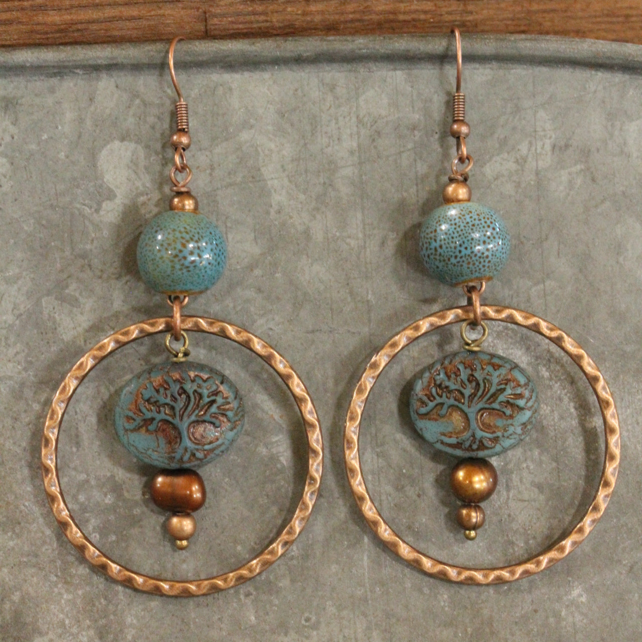 Vintage Czech Glass Tree Copper Dangle Earrings