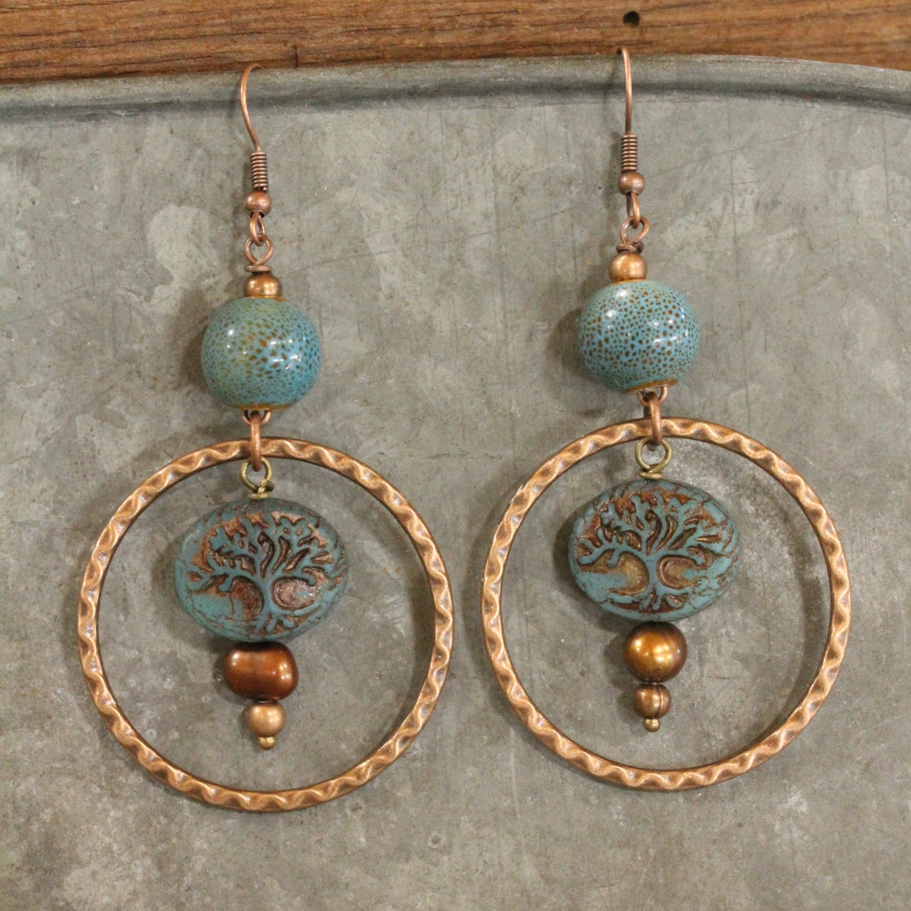 Vintage Czech Glass Tree Copper Dangle Earrings