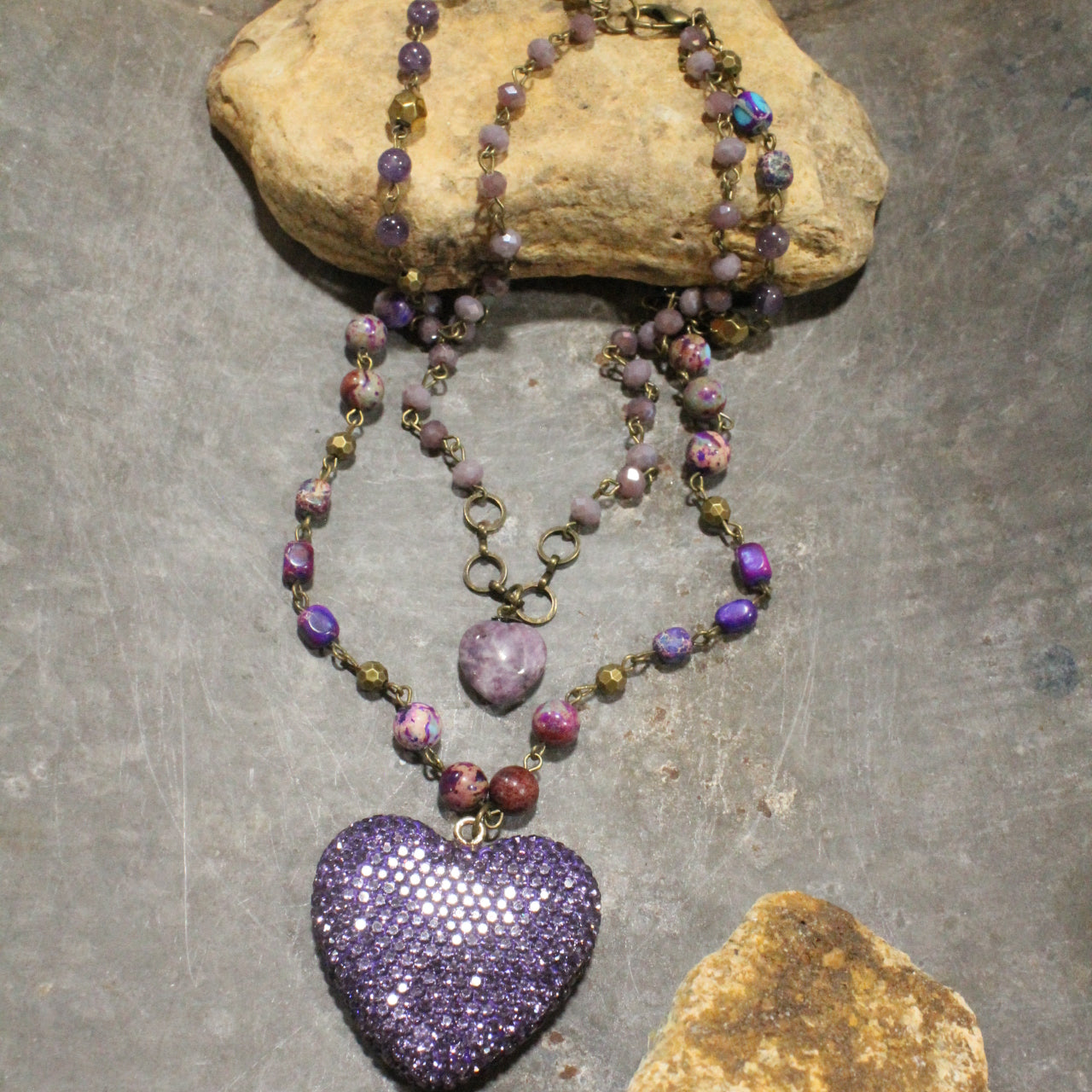 Bohemian Layered Purple Heart & Stone Drop Necklace