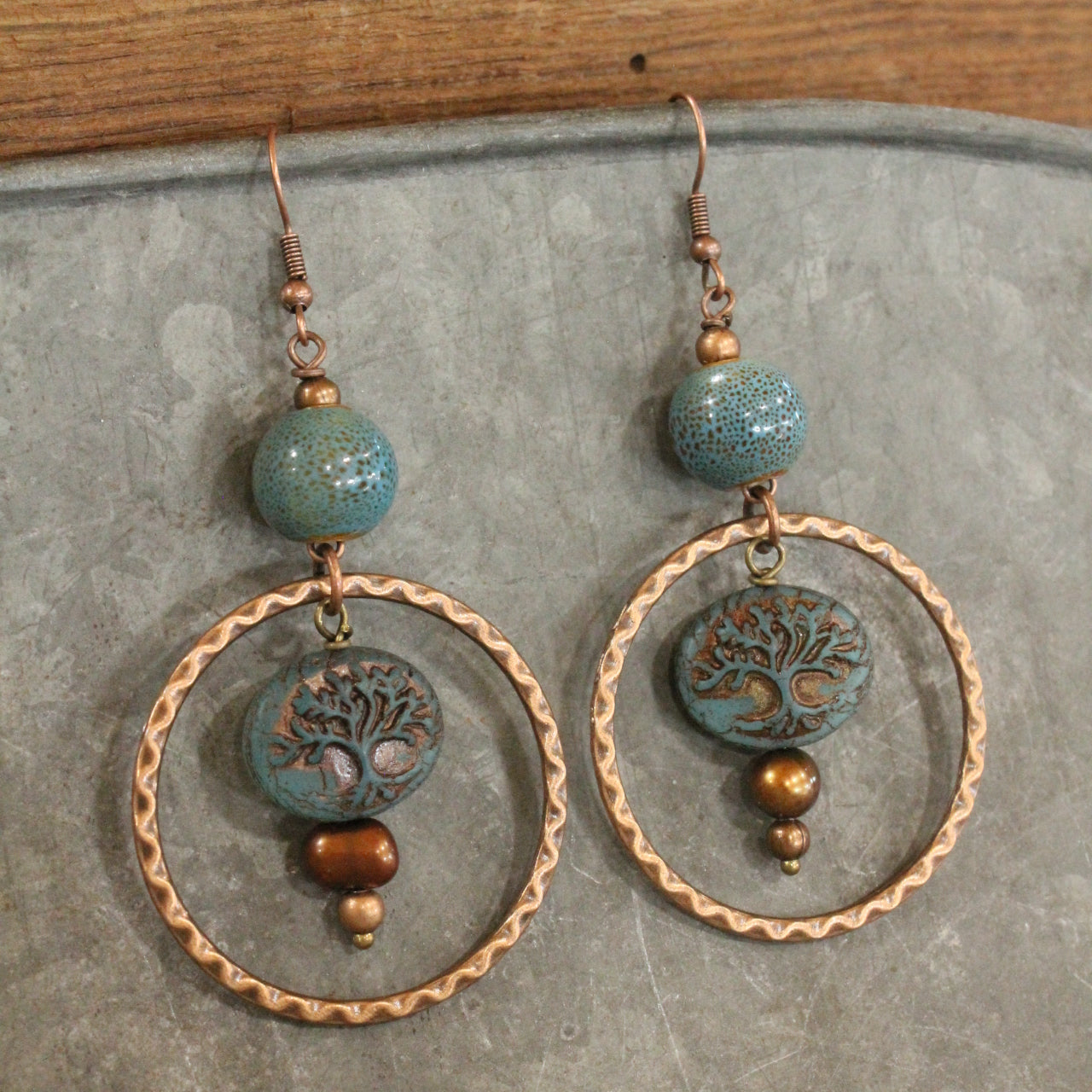 Vintage Czech Glass Tree Copper Dangle Earrings