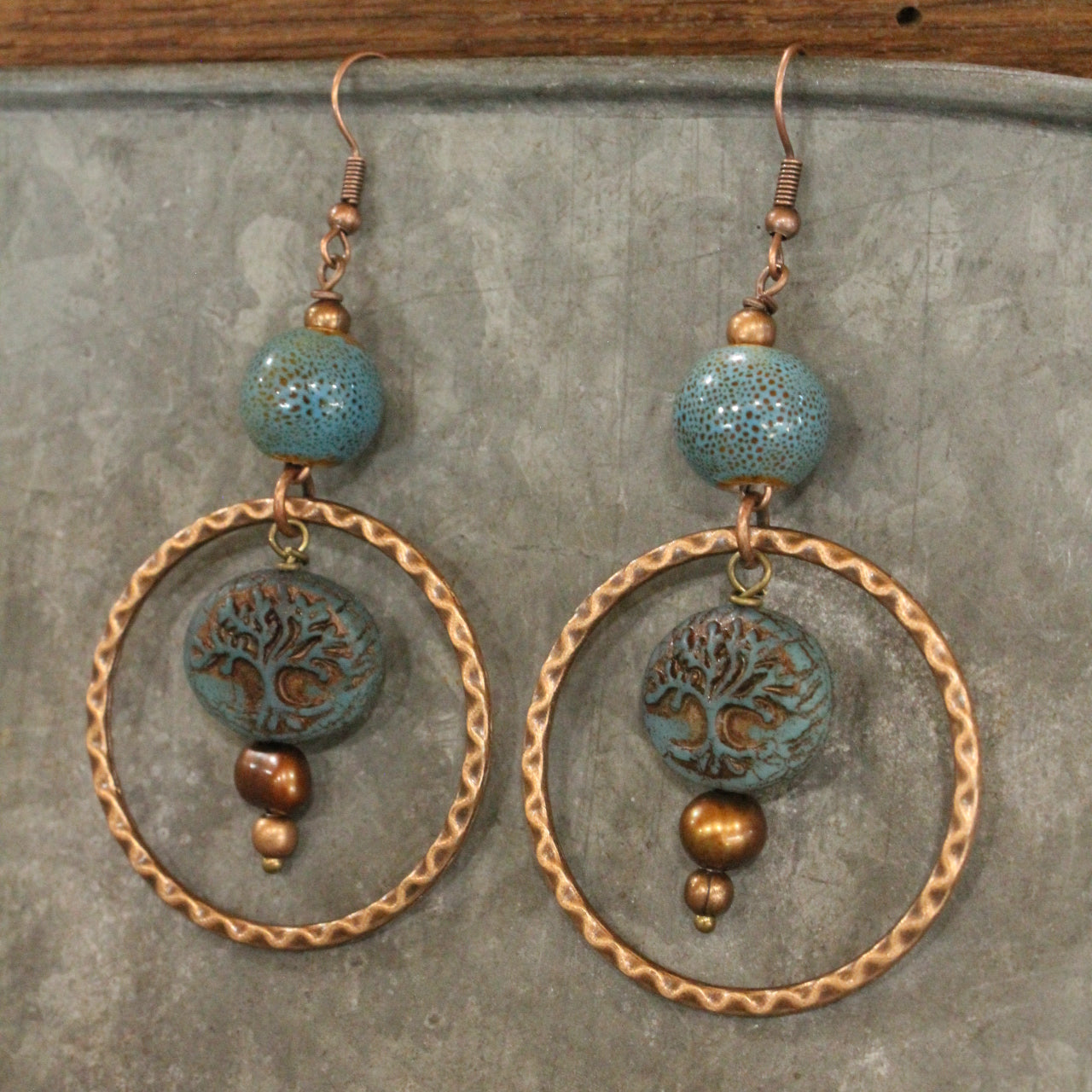 Vintage Czech Glass Tree Copper Dangle Earrings