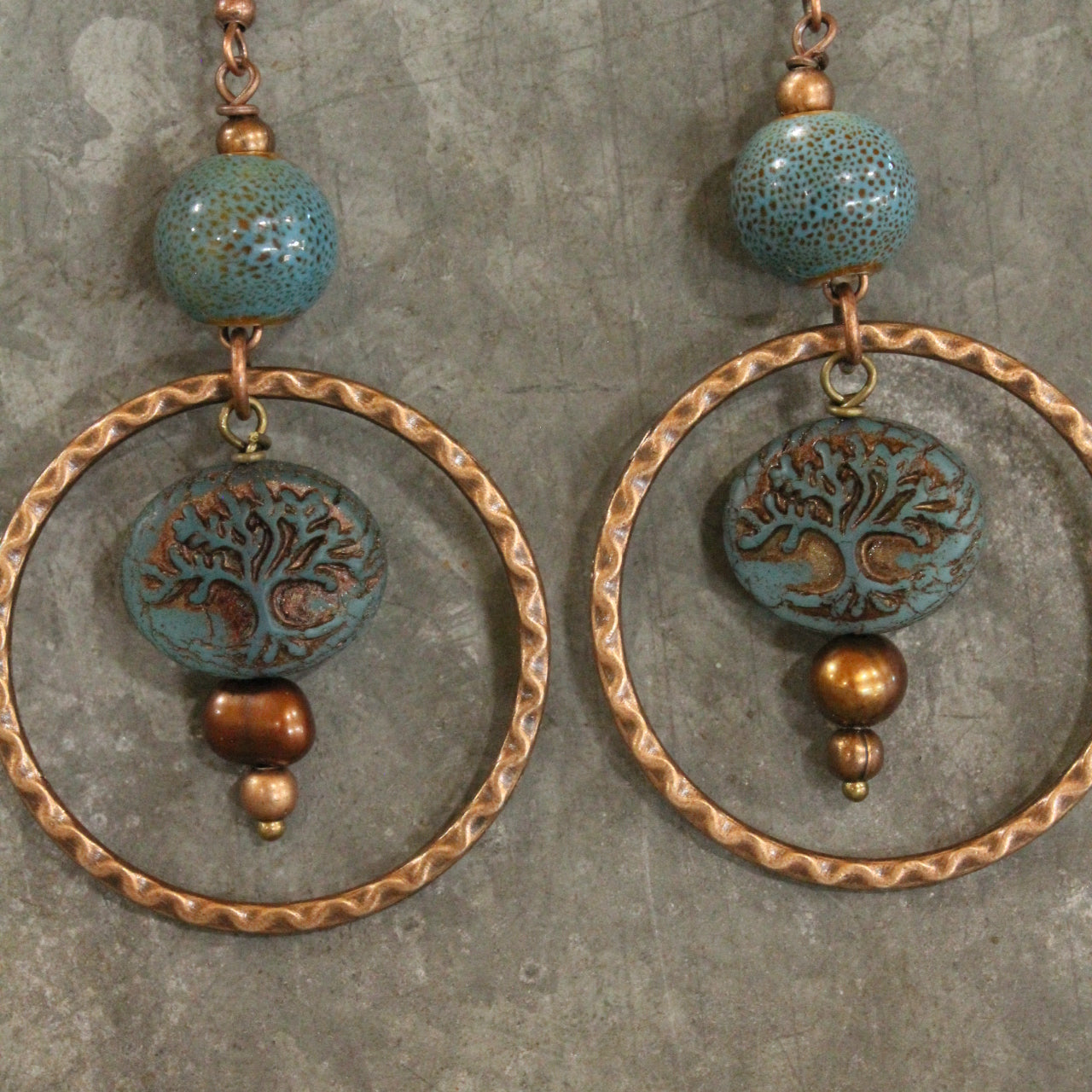 Vintage Czech Glass Tree Copper Dangle Earrings