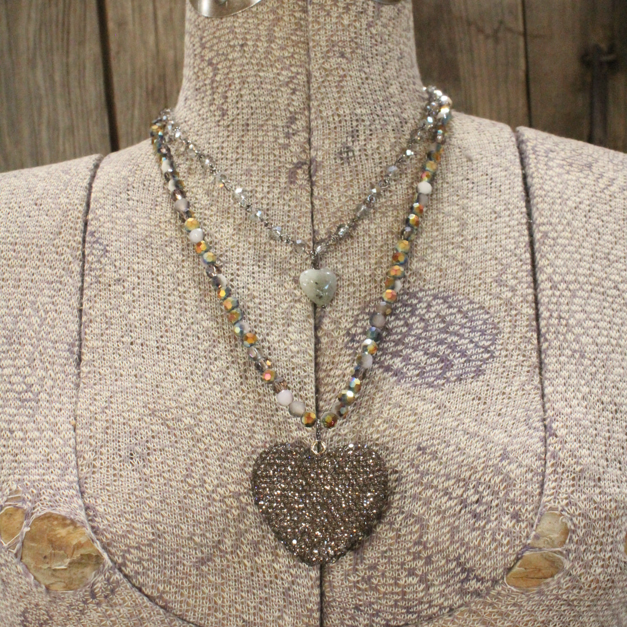 Bohemian Layered Gray Bronze Heart & Stone Drop Necklace