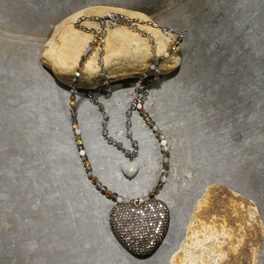 Bohemian Layered Gray Bronze Heart & Stone Drop Necklace