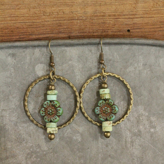 Czech Glass Flower Bronze Dangle Earrings