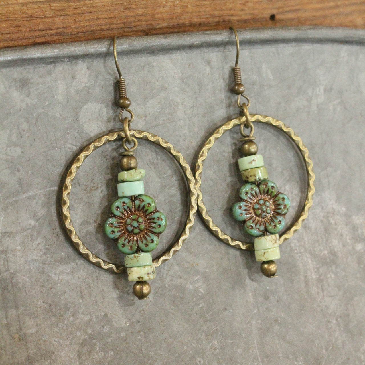 Czech Glass Flower Bronze Dangle Earrings