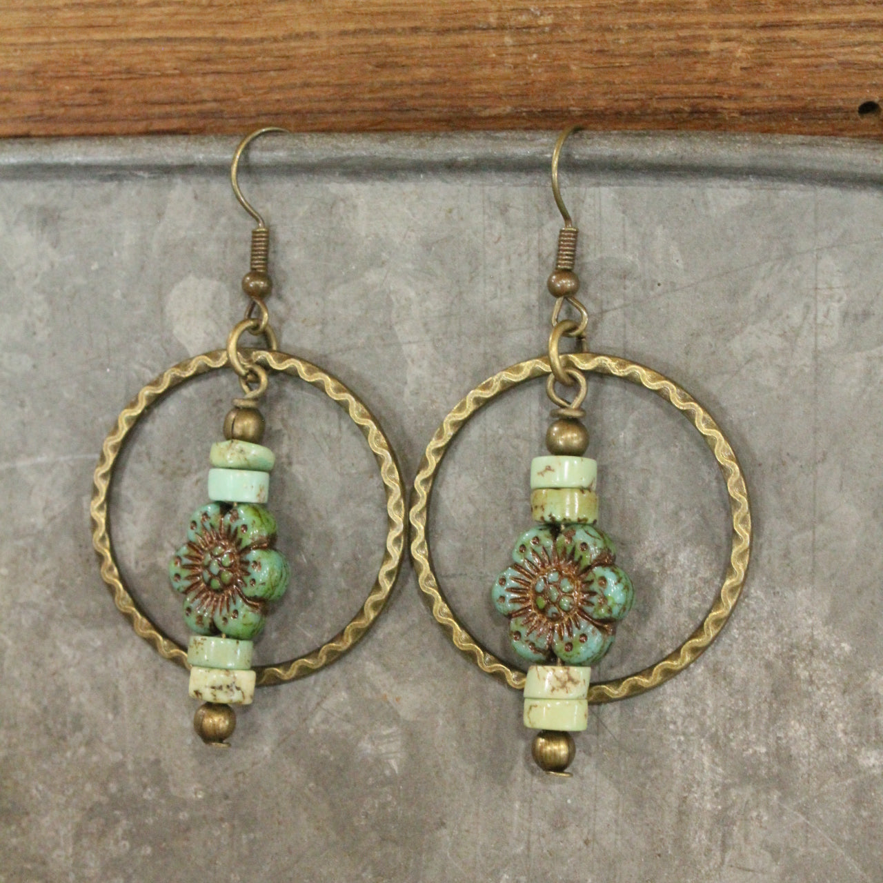 Czech Glass Flower Bronze Dangle Earrings