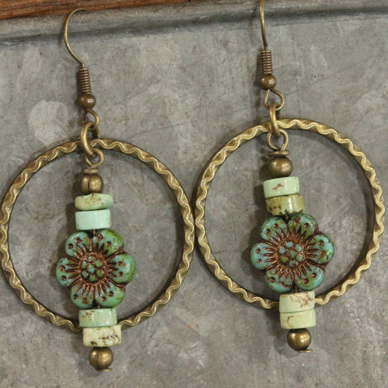 Czech Glass Flower Bronze Dangle Earrings