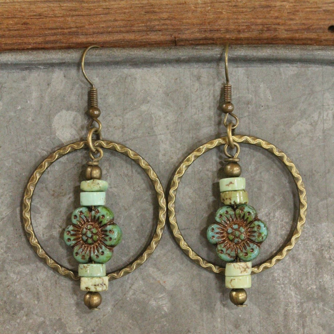 Czech Glass Flower Bronze Dangle Earrings