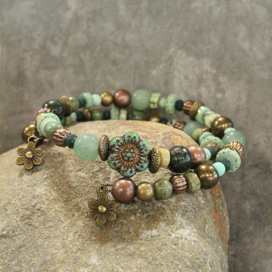 Green Czech Glass Flower Wrap Bracelet