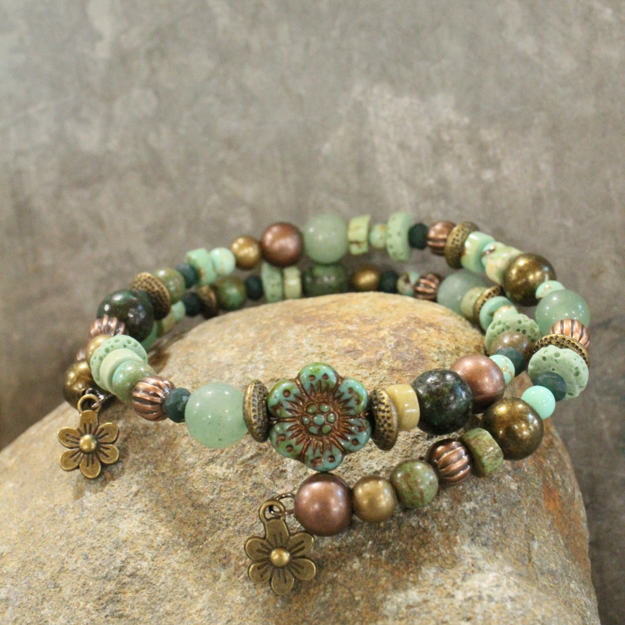 Green Czech Glass Flower Wrap Bracelet