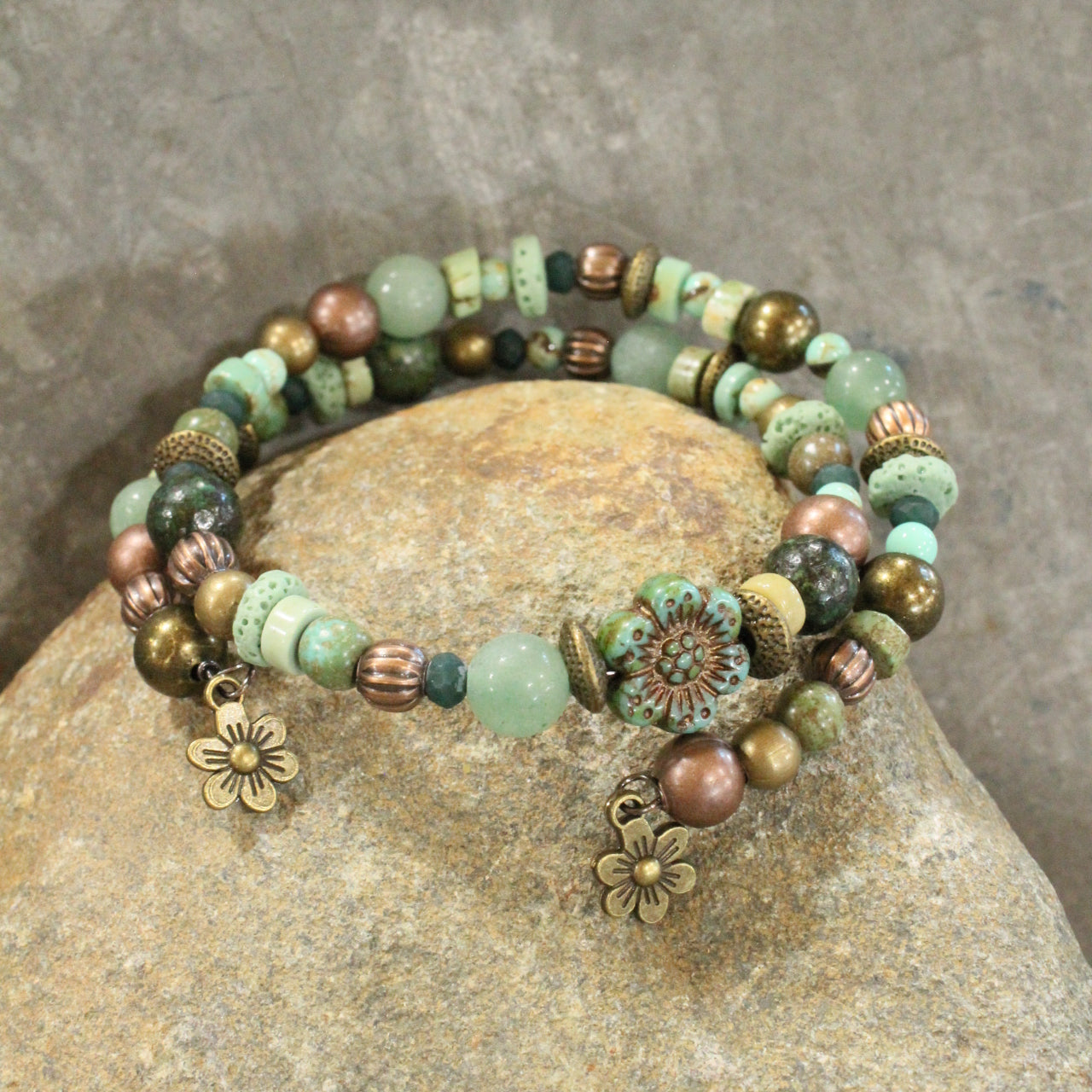 Green Czech Glass Flower Wrap Bracelet