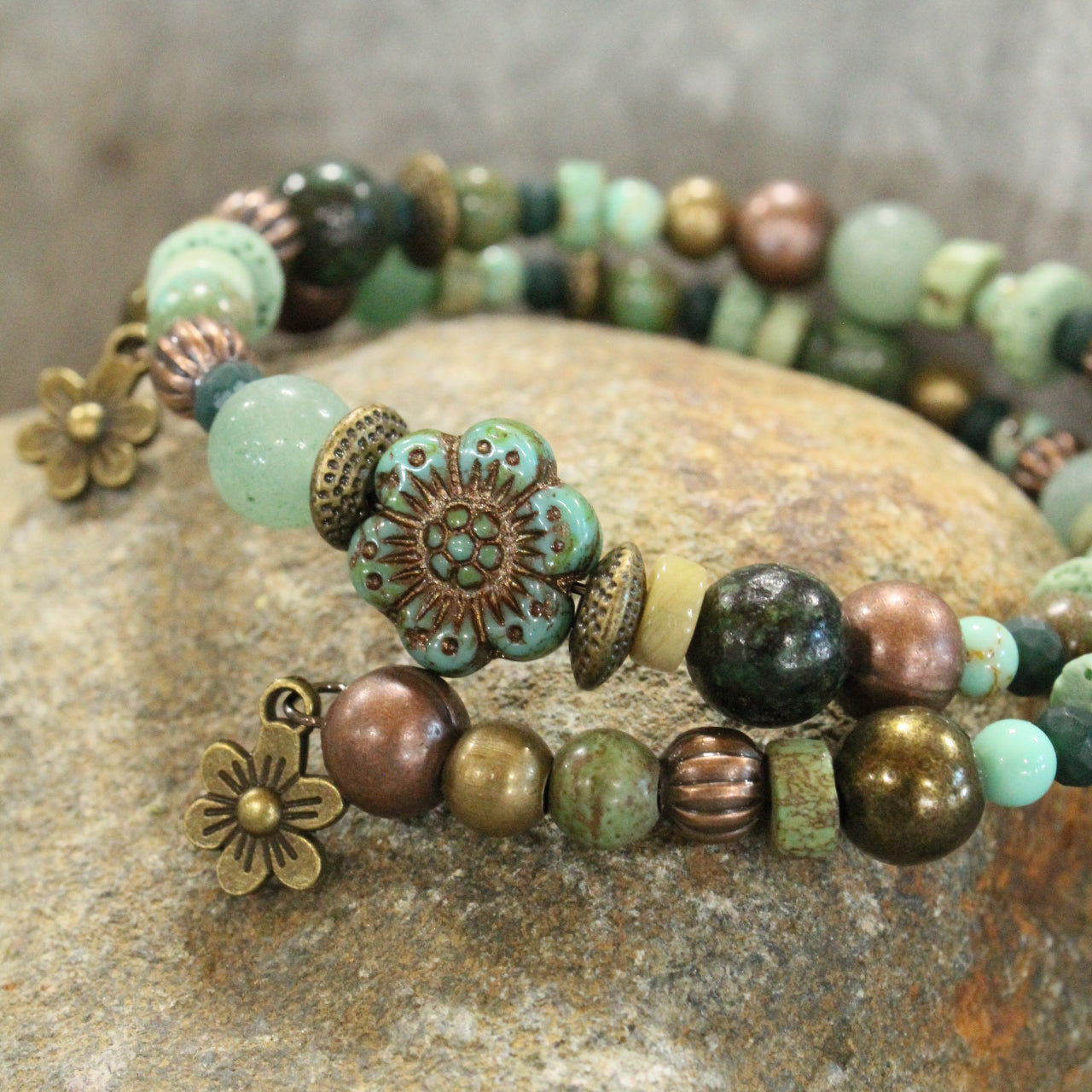 Green Czech Glass Flower Wrap Bracelet