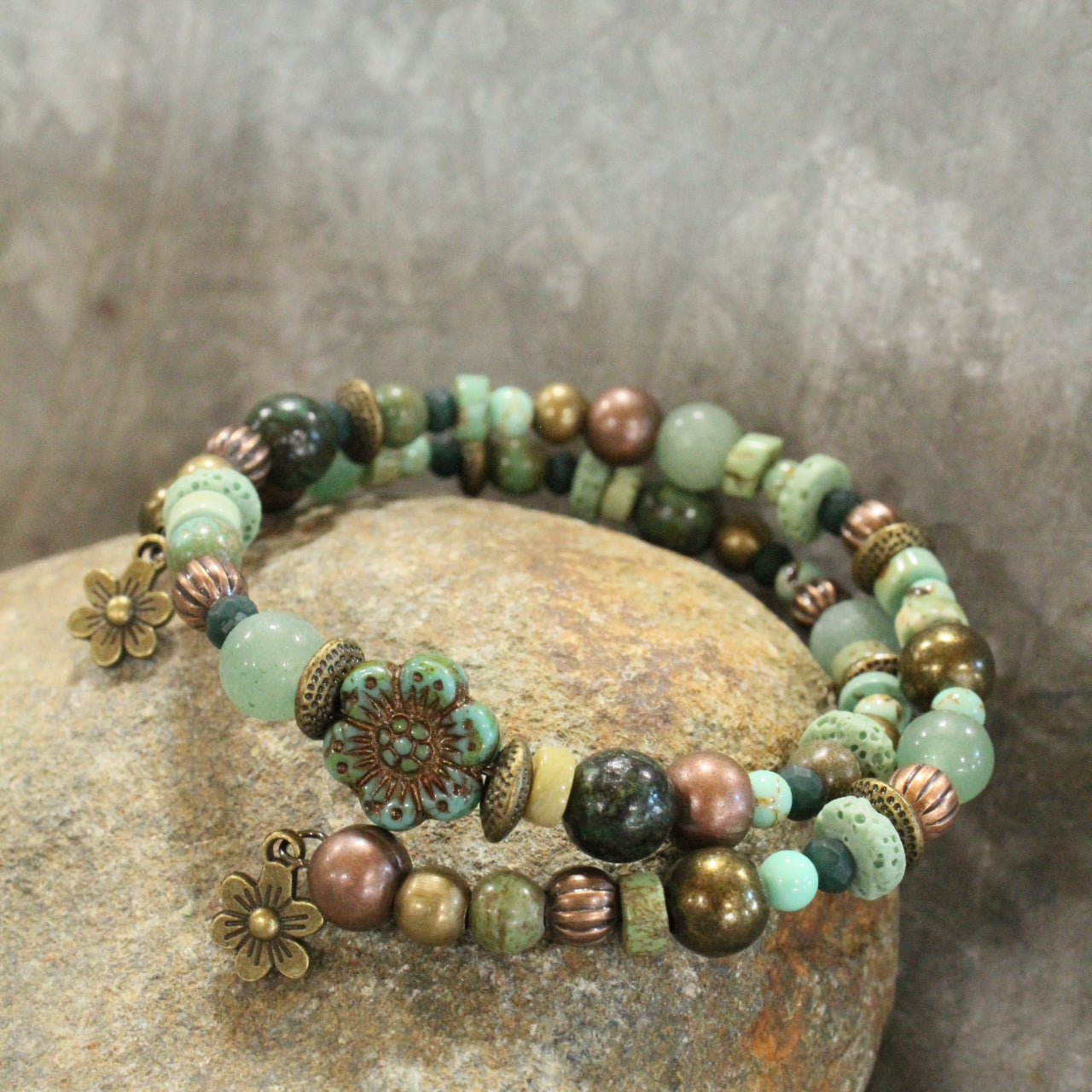 Green Czech Glass Flower Wrap Bracelet