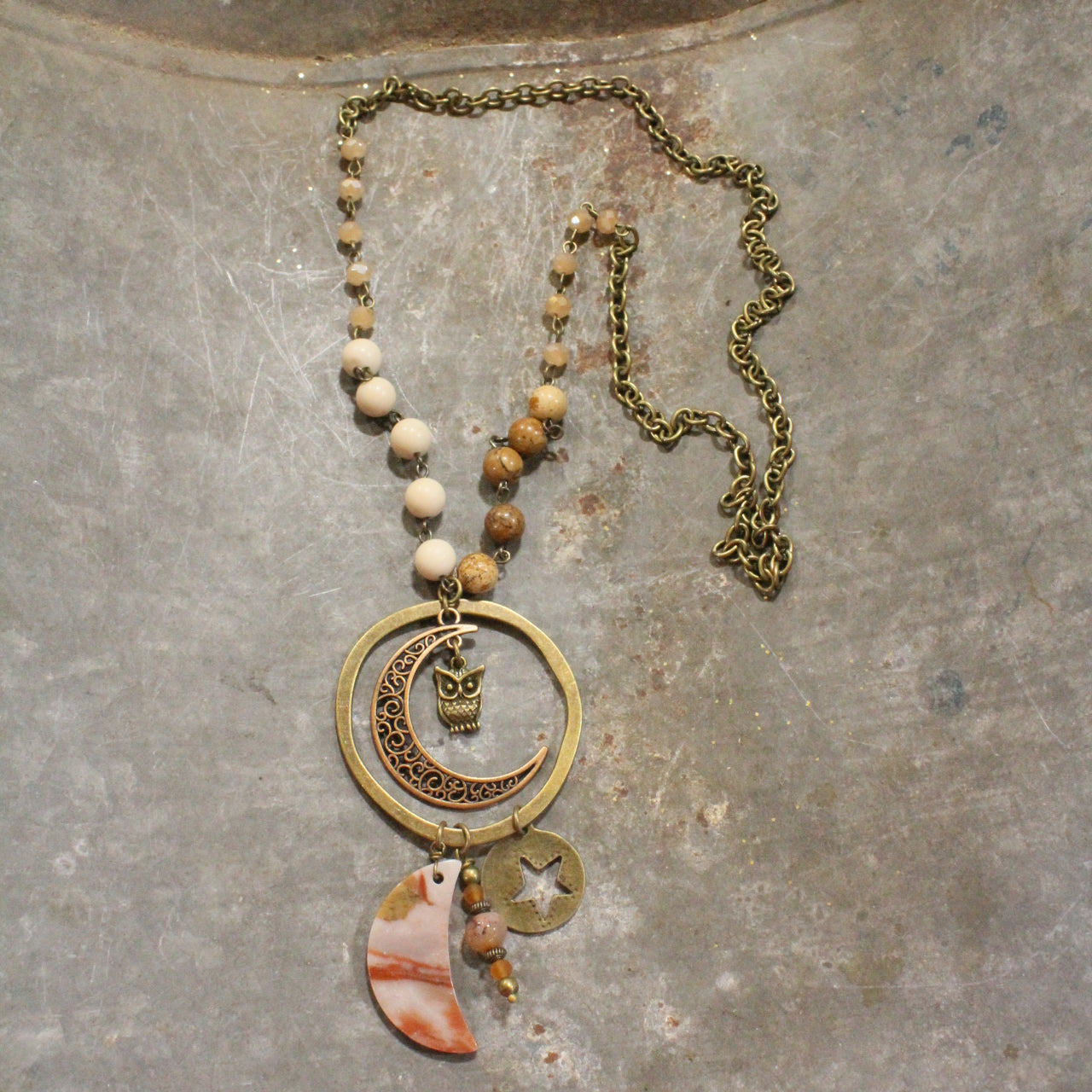 Bronze & Natural Shaded Moon Stone Necklace With Bronze Fall Charms