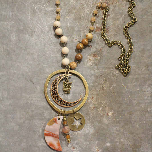 Bronze & Natural Shaded Moon Stone Necklace With Bronze Fall Charms