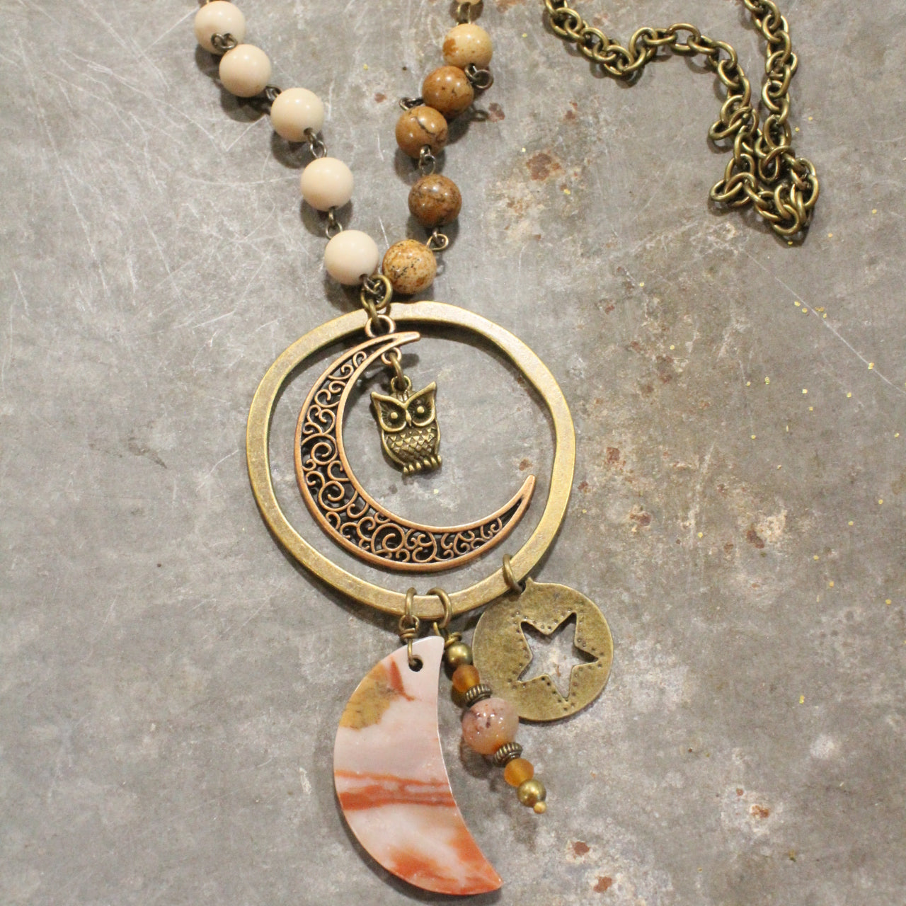 Bronze & Natural Shaded Moon Stone Necklace With Bronze Fall Charms