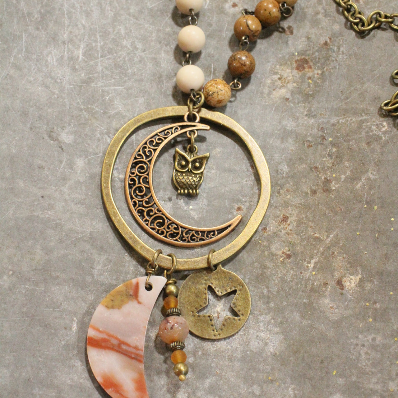 Bronze & Natural Shaded Moon Stone Necklace With Bronze Fall Charms