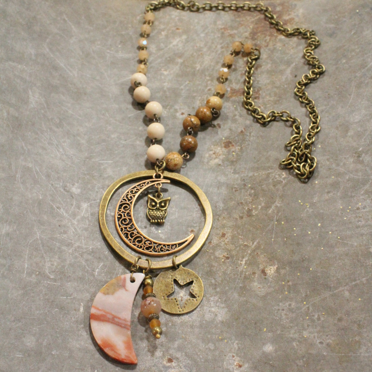 Bronze & Natural Shaded Moon Stone Necklace With Bronze Fall Charms