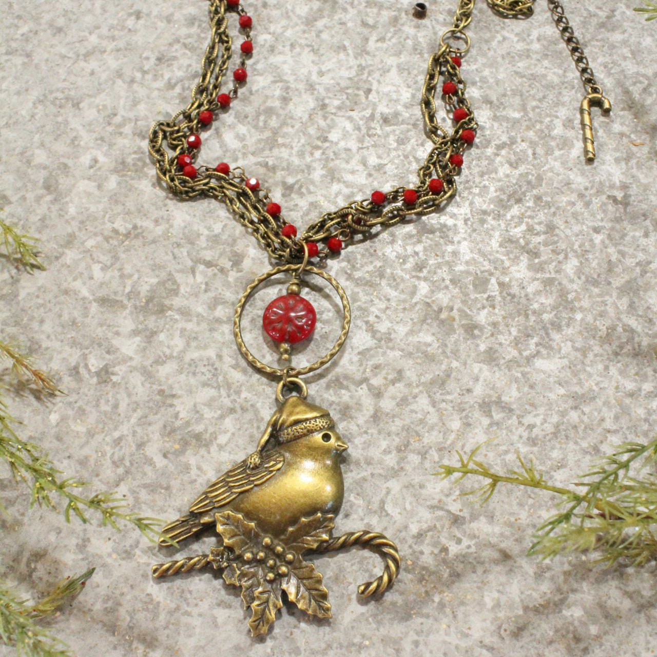 Red Czech Glass & Bronze Cardinal Pendant Drop Necklace